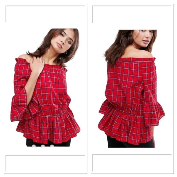 New Look Buffalo Check Plaid Red Off The Shoulder Peplum Women Blouse Size 8 New - Picture 1 of 10